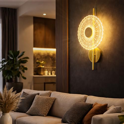 Image of Monolith Lumiround Wall Light | 3 Color LED Wall Sconce | Antique Gold Acrylic Decorative Wall Lamp | Modern Indoor Lighting for Bedroom, Living Room & Entryway, Staircase, Hallway | Pack of 1