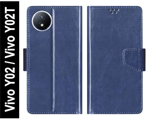 Image of SBMS Flip Cover for Vivo Y02 / Vivo Y02T Back Cover Case with Magnatic Closure | Inbuilt Stand | Card & Money Pocket (Blue)