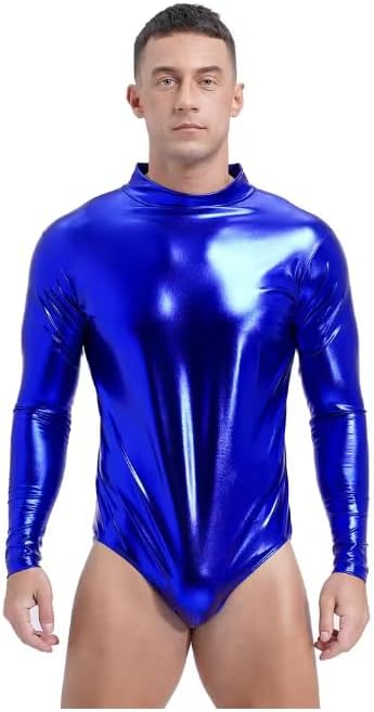 Metallic Shiny Mens Bodycon Jumpsuit Slim Fit Long Sleeve Zipper Boxer Bodysuit Costume