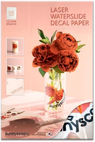 Sunnyscopa Waterslide Decal Paper for LASER Printer - WHITE, US LETTER SIZE 8.5"X11", 20 SHEETS, Personalized Water Slide Transfer Printable paper - DIY Custom for Tumblers, Glasses, Mug