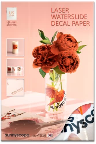 Sunnyscopa Waterslide Decal Paper For Laser Printer - White, Us Letter Size 8.5"X11", 20 Sheets, Personalized Water Slide Transfer Printable Paper - Diy Custom For Tumblers, Glasses, Mug #TOP2