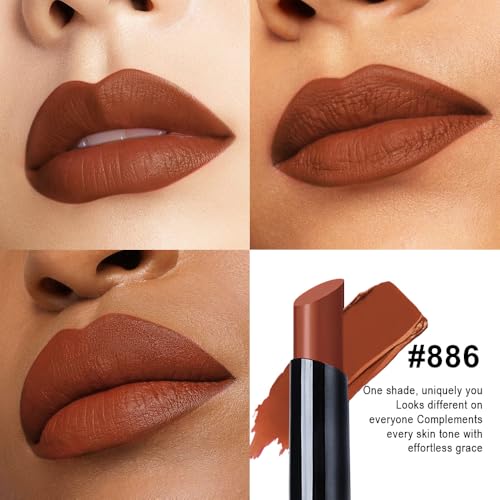 Image of evpct Warm Brown Velvet Matte Lipstick, High Pigmented Slim Lipstick Long Lasting Waterproof for Women Gift, Velvet Silky Lip Stick Stain Color Makeup Blendable 24 Hours Original Makeup Labiales, 886#