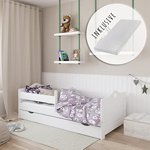 Kids Collective Kinderbett 80x160 | 80x180 | 90x200 cm mit Matratze, Rausfallschutz, Schublade & Lattenrost in weiß 200 x 90 Mädchen Bett Skandi Herz Cover