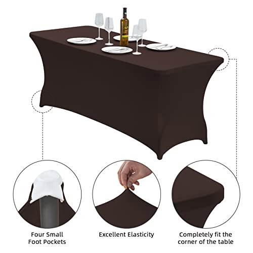 Image of CWK 8FT Waterproof Stretch Spandex Table Cover for Rectangular Tables - Elastic Fitted Tablecloth for Folding Tables,Wrinkle Resistant Table Cloth for Parties, Weddings, Banquets & Events (Coffee)