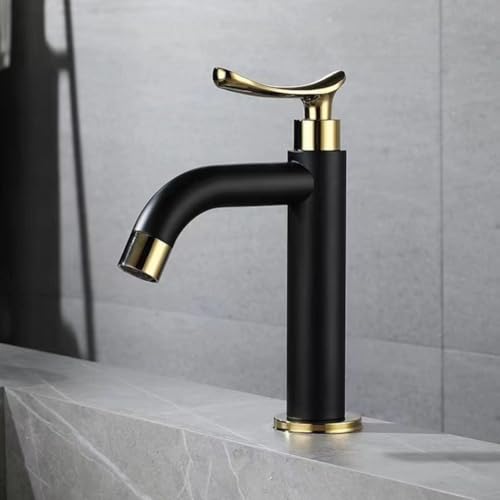 NiuLumea Black and Gold 304 - Grifo de lavabo de baño de acero inoxidable 304, grifo de lavabo de agua fría con un solo mango, resistente a la corrosión y fácil de instalar, tamaño corto