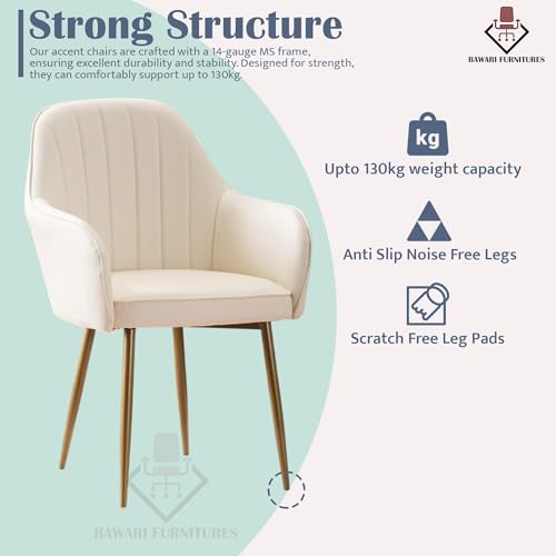 Image of Plush Dining Chair | Accent Chair for Living Room Bedroom Restuarant | Velvet Fabric & Thick Cushion Seat with Sturdy Glossy Metal Legs (Golden Legs, White)
