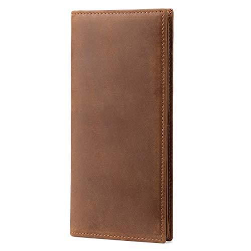 JEEBURYEE Men's Vintage Genuine Leather Long Bifold Wallet RFID Blocking Credit Card Holder Checkbook Wallet Brown