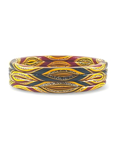 Image of Rajasthani Traditional Lac Bangles Set, Handcrafted Multi-Color Pattern with Gold Accents, Jaipuri Lakh Chudi, Red, Maroon, Pink, Purple, Yellow, 4 Piece Set