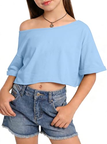 Image of Girls Off the Shoulder Tops Crop Short Sleeve Tees | Rolled Cuffs, Loose Fit, Crop Tops, Dance, Summer, Oversized, Trendy