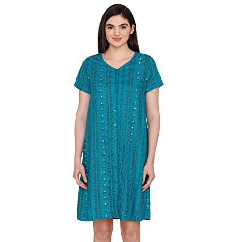 Image of Zivame Zellij Dreams Woven Knee Length Nightdress for Women - Lake Blue