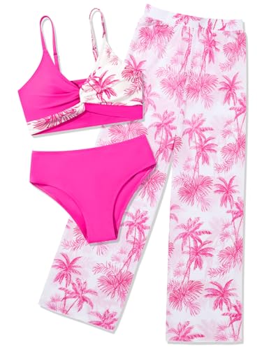 Image of Girls Swimsuit 3 Piece Bathing Suit Criss Cross Bikini Set Tropical Floral Swimwear with Mesh Cover Up Pants Size 9-16Y