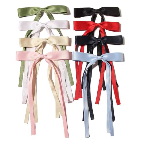 8Pcs Colorful Hair Bows for Women Girls,Satin Hair Ribbon with Long Tail Bowknot Hair Clip,Big Bow Clips and Barrettes with Tassel Hair Accessories (8 Color),Bow Hair Clips,Hair Accessories