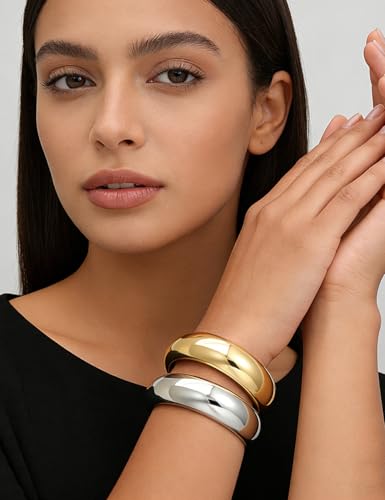 Image of Chunky Gold Bangle Bracelets for Women, Dainty 14k Gold Plated Big Stackable Bangles Set, Trendy Statement Cuff Bracelet Stack Fashion Jewelry Gifts