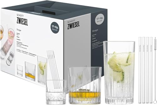 Schott Zwiesel Bargläser-Set Stage 17-teilig, Longdrinkgläser (440 ml) Whiskygläser (364 ml) und Schnapsgläser (78 ml) mit Relief (Art.-Nr. 124011)