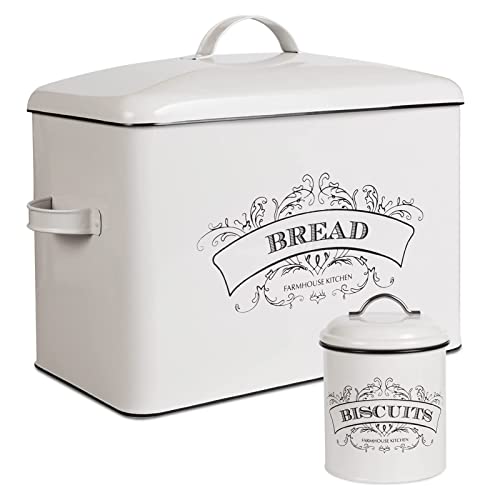 Nonacasa Farmhouse Bread Box, Extra Large Bread Storage Container With Matching Biscuit Tin In White Metal, Bread Boxes For Kitchen Counter (Vintage Styling) #TOP24