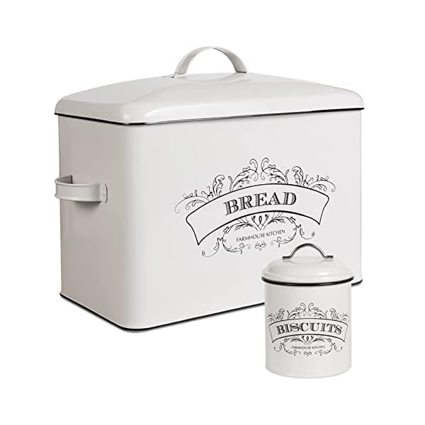nonacasa Farmhouse Bread Box, Extra Large Bread Storage Container with Matching Biscuit Tin in White Metal, Bread Boxes For Kitchen Counter (Vintage Styling)