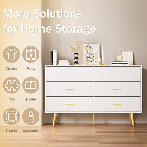 Resom Dresser For Bedroom, 6 Drawer Double Dresser With Metal Handles, Modern Design, White And Gold Dresser For Closet Hallway,Bedroom (White) #TOP3