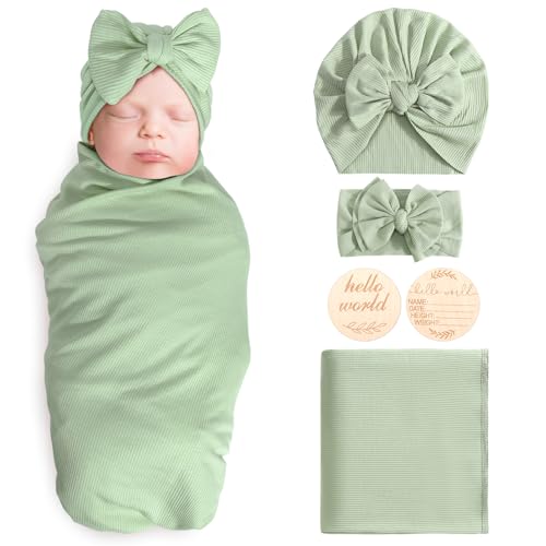 Image of AQOKKA Newborn Receiving Blanket with Bow Hat Headband Wooden Card Set Newborns Toddler Baby Boy Girl Nursery Swaddle Wrap