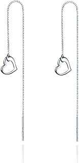 Solid 925 Sterling Silver Love Heart Threader Earrings Tassel Chain for Women Girls Heart Dangle Earrings Long Drops