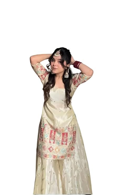 Women’s Embroidered Chinon Silk Kurti Sharara Set with Dupatta | Lace Border Ethnic Wear | Festive & Party Wears Suit-picture-50
