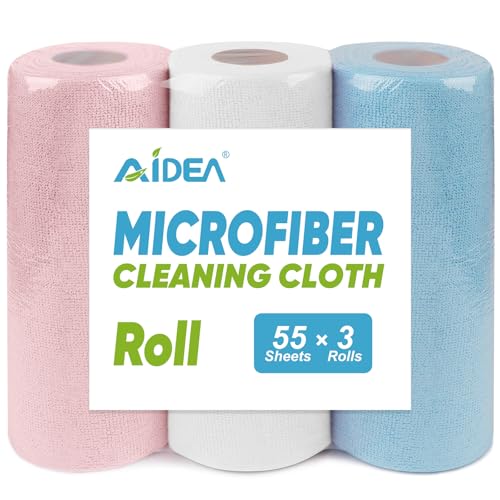 AIDEA Microfiber Cleaning Cloth Roll 165 Sheets(3 Roll) Tear Away Microfiber Towels Reusable Paper Towels Washable Shop Rags Scratch Free Absorbent Dish Rags for Car Home Shop 11 x 9