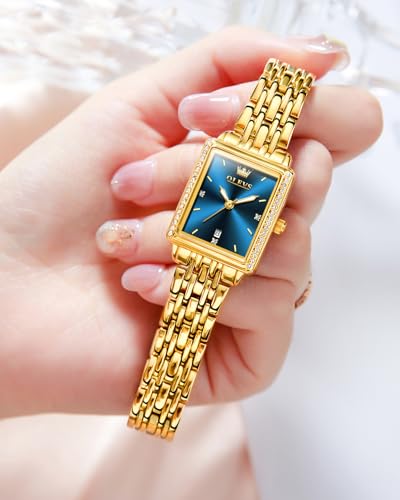 Image of OLEVS Gold Watches for Women Original Luxury Small Square Diamond Wrist Watch Analog Quartz Stainless Steel Waterproof Stylish Ladies Watch Date