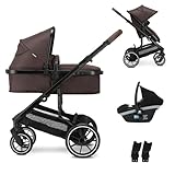Deryan NOA Kinderwagen 3 in 1 Kinderwagenset bis 22 kg (0-4 jahre) mit Kindersitz I-SIZE 40-75 cm, Buggy Funktion, Liegeposition verstellbar, Große ausziehbare Verdeck, Aufblasbare Räder, Schokoladen