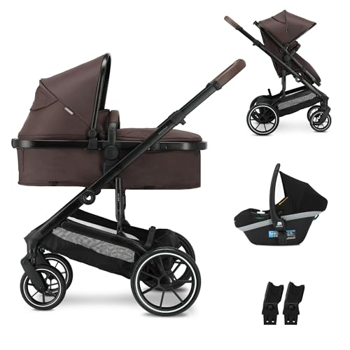 Deryan NOA Kinderwagen 3 in 1 Kinderwagenset bis 22 kg (0-4 jahre) mit Kindersitz I-SIZE 40-75 cm, Buggy Funktion, Liegeposition verstellbar, Große ausziehbare Verdeck, Aufblasbare Räder, Schokoladen