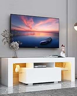 BAMACAR LED TV Stands - 60/55/50 Inch TV Tables for Bedroom & Living Room - White