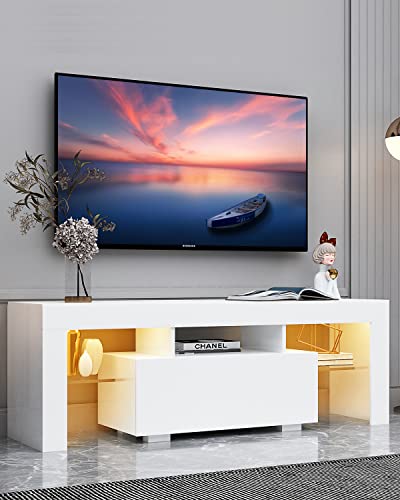 BAMACAR LED TV Stands - 60/55/50 Inch TV Tables for Bedroom & Living Room - White