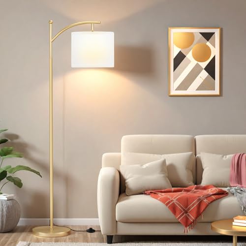 Image of Ambimall 60 inch Floor Lamp for Living Room with 3 Color Temperatures, Adjustable White Shade with Gold Pole, Tall Lamp for Bedroom Office Classroom Dorm Room, 9W LED Bulb Included