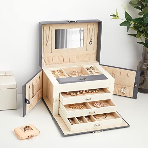 Meerveil Jewellery Box, Jewelry Case with Lock Mirror and 3 Removable Drawers, 26 x 19 x 18 cm, 4 Tier Large Space Women Girls Jewellery Organizer for Earrings Rings Necklaces Bracelets