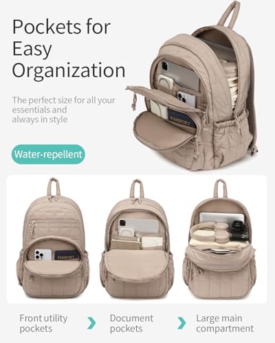 Image of Bookbag for Women, Teen Girls Backpack for High School College Student, Puffer Quilted Back Pack Cute Laptop Backpack for Work Travel Mom Casual Daypack, Camel