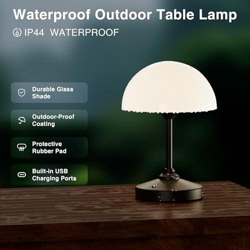 Image of Dawnwake Mushroom Lamp Cordless Lamp Table Lamp,Outdoor Waterproof Shower Lamps,5000mAh Rechargeble Battery Operated Dimmable Touch Desk Lamps,LED Night Light for Bathroom Patio Camping Outdoor(Black)
