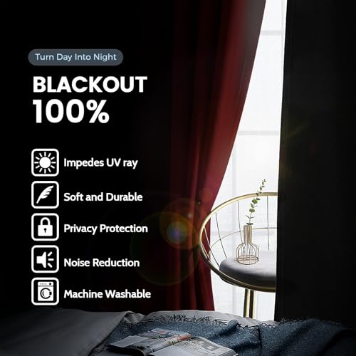 Image of SimpleHome Burgundy Red 100% Blackout Curtains Room Darken Living Room 96