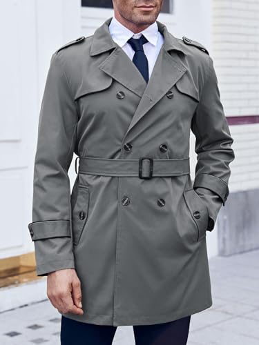 Image of Makkrom Men's Trench Coat Slim fit Double Breasted Notched Lapel Belted Windbreaker Long Jacket Casual Windproof Overcoat