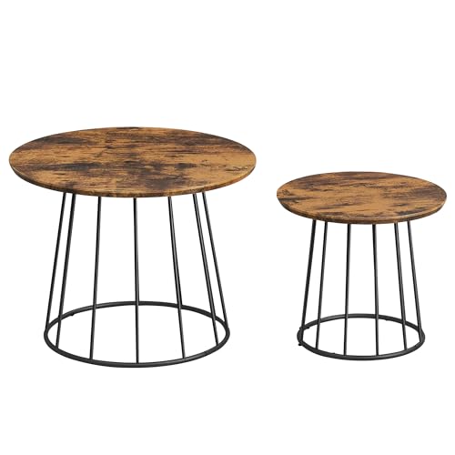 VASAGLE Coffee Tables, Set of 2 Round Side Tables, Modern Style, Steel Frame, for Living Room, Bedroom, Rustic Brown LCT045K01