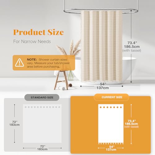 Image of BTTN Stall Fabric Shower Curtain - 54x72 Inches Boho Linen Heavy Duty Tassel Shower Curtain Set with 10 Hooks, Narrow Rustic Modern Farmhouse Neutral Thick Shower Curtains for Bathroom - Cream /Beige