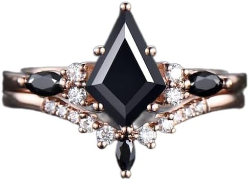 Generic kite cut Black onyx ring set rose gold unique engagement ring set moissanite ring marquise cut black spinel ring black stone ring for women