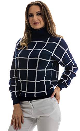 Pulôver feminino de manga comprida com gola rolê de lã merino italiano da Knitton, Navy Square Patte