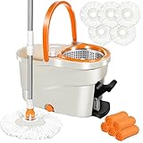 Masthome Wischmopp und Eimer Set,Bodenwischer mit 145cm Teleskopstiel,Rotationseimer Edelstahl mit Pedal (6L),Mopp und Putzeimer mit 5 Moppköpf für Bodenreinigung-Senden 5 Reinigungs Lappen