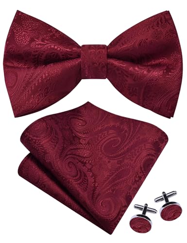GUSLESON Mens Burgundy Bow Tie Pocket Square Set for Wedding Pre-Tied Wine Red Paisley Bowties Handkerchief Cufflinks for Party (0489-13)