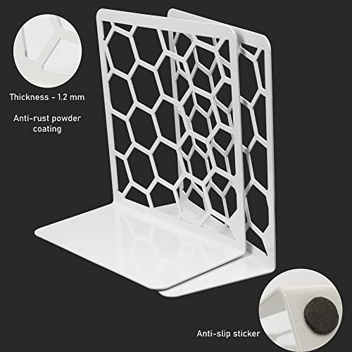 Image of Spillbox Metal Non Slip Bookends Book Shelves | Shelf | Study Table | Home Decor | Holders | Case | Bracket | Stand | Heavy Duty | Set | Book Ends for Office, Home - White Hexagon