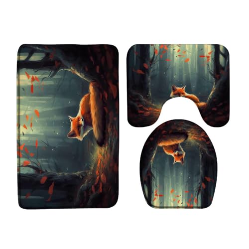 Fox 3 Pcs Bath Rugs Set,Misty Forest Cute Wild Animal Farmhouse Country Bathroom Kitchen Rug with 16
