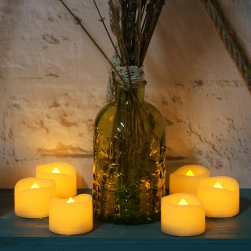 Image of iZAN 12 PCS Flameless LED Tea Lights Candles Battery Operated Fake Flickering Electric Small Votive Candles Tealights for Wedding Party Decorations Home Decor, Cream White Shell, Amber Yellow Glow