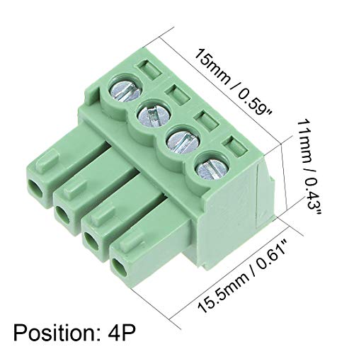 sourcing map 5 Stück Tonhöhe 4P Einschub PCB Klemmschiene Stecker Grün AC300V 8A 3.81mm