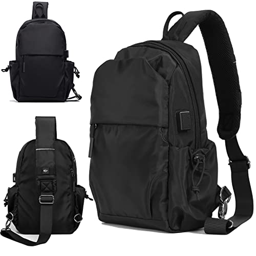 Small Black Sling Crossbody Backpack Shoulder Bag For Men Women, Lightweight Waterproof One Strap Backpack Sling Bag Backpack For Hiking Walking Biking Travel Cycling Usb Charger Port-Nylon #TOP16