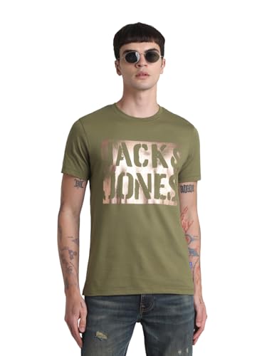 Image of Jack & Jones Men's Typography Printed Round Neck Short Sleeves Cotton Slim Fit Letter Print T-Shirt
