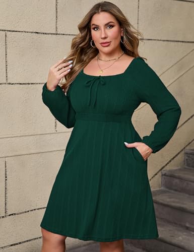 Image of KOJOOIN Womens Plus Size Sweater Knit Dress Square Neck Long Sleeves Tie Front Casual Midi Pullover Fall Dress with Pockets