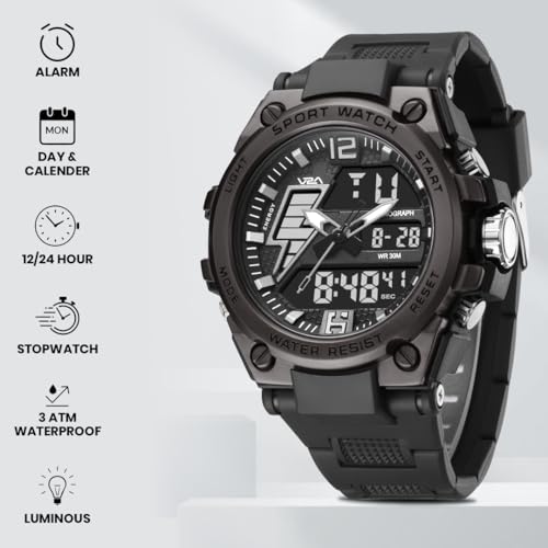 Image of V2A Stryke 45mm Analog Digital Sports Watch for Men | Hybrid Layered Dial | Alarm Stopwatch Backlight Day Date | TPU Strap | 30M Water Resistant | Gift for Mens